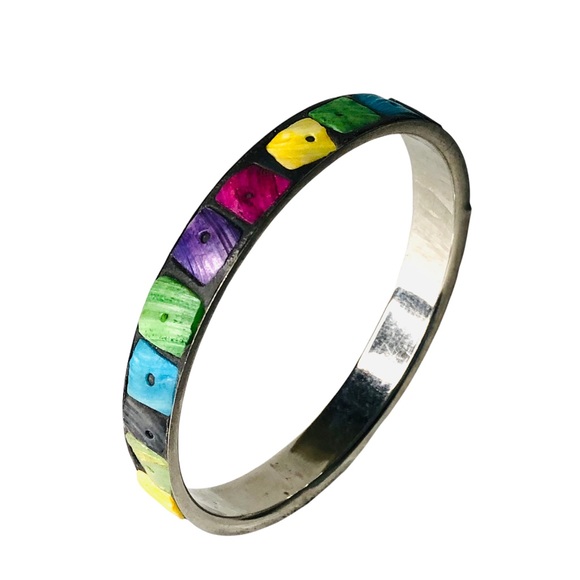 Two Silver Abalone Shell Colorful Inlay Bangle Bracelets - Picture 6 of 16